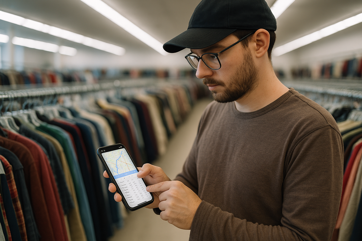 Reseller in thrift store aisle checks phone with route map and spreadsheet to calculate ROI per location