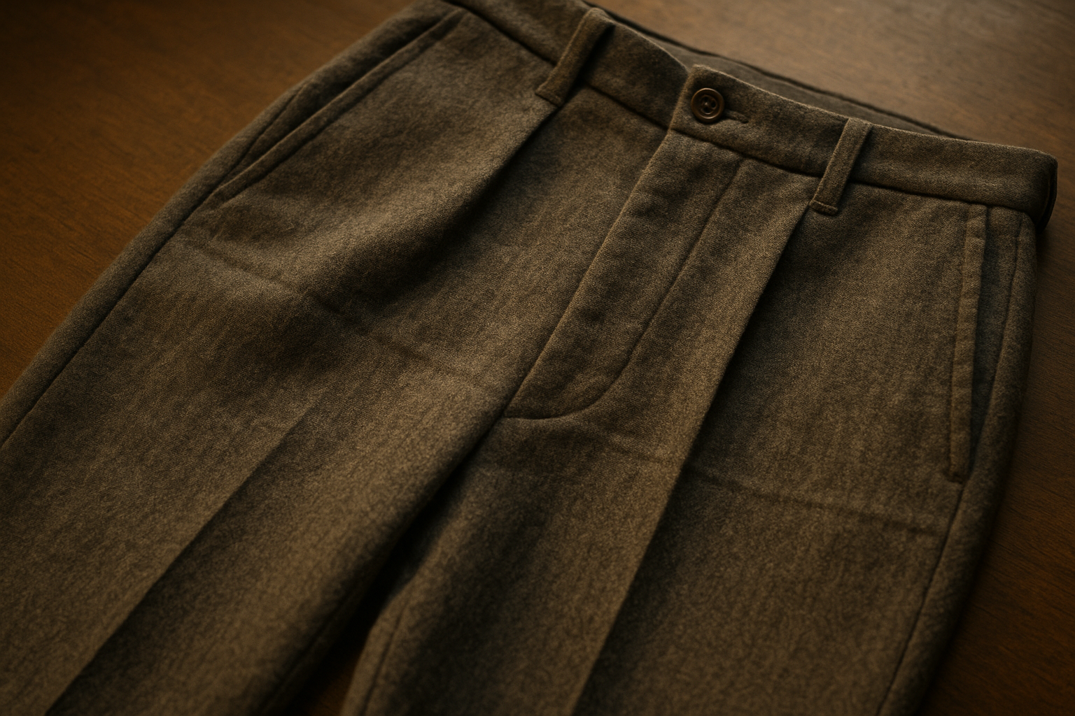 Raking side light on vintage wool dress pants reveals a faint permanent crease, key to grading permanent creases on vintage