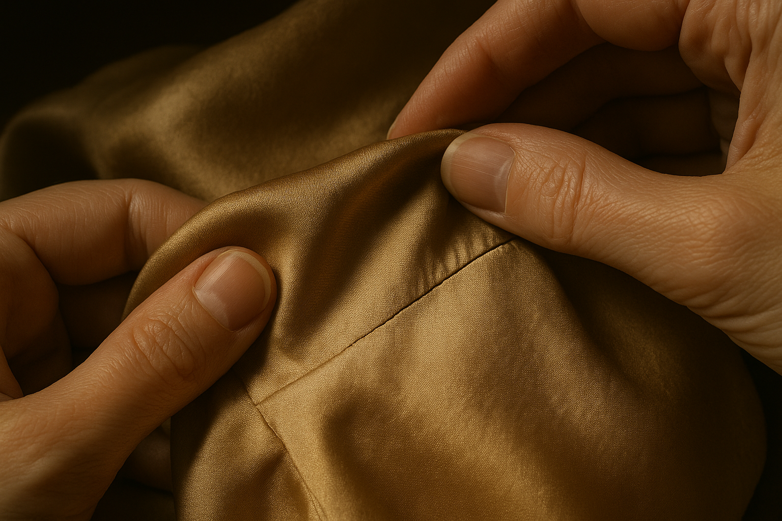 Hands folding vintage silk charmeuse under raking light, revealing a crack line for grading brittle silk charmeuse