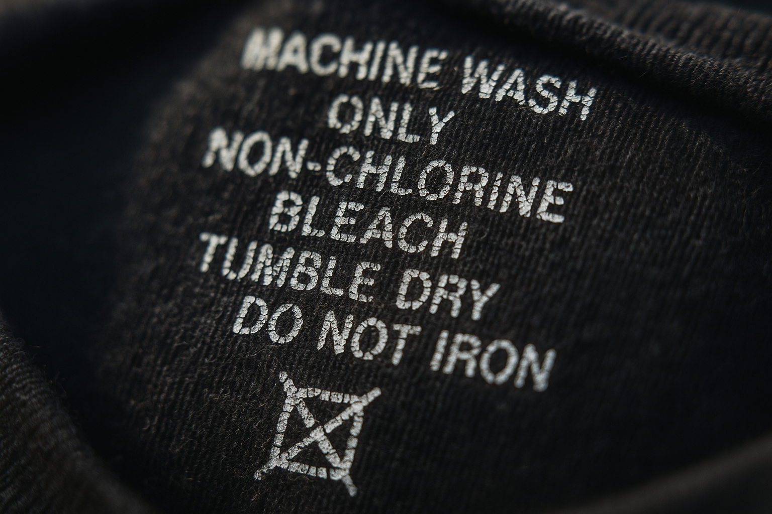 Macro close-up of a cracked, faded care label on dark cotton, illustrating how to grade faded care label condition