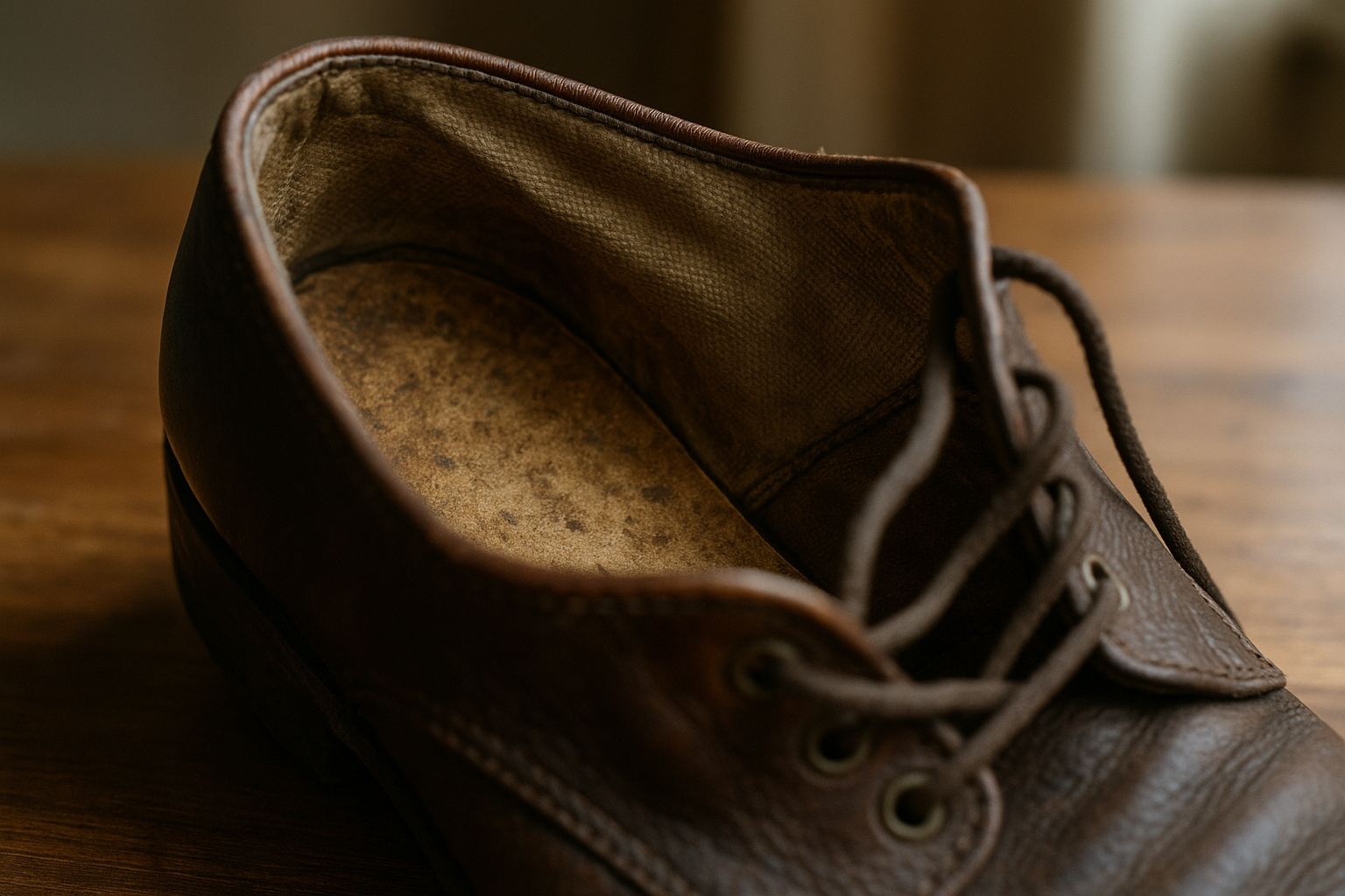 Close-up of a worn vintage shoe interior showing insole wear and lining, illustrating how to grade vintage shoe interior