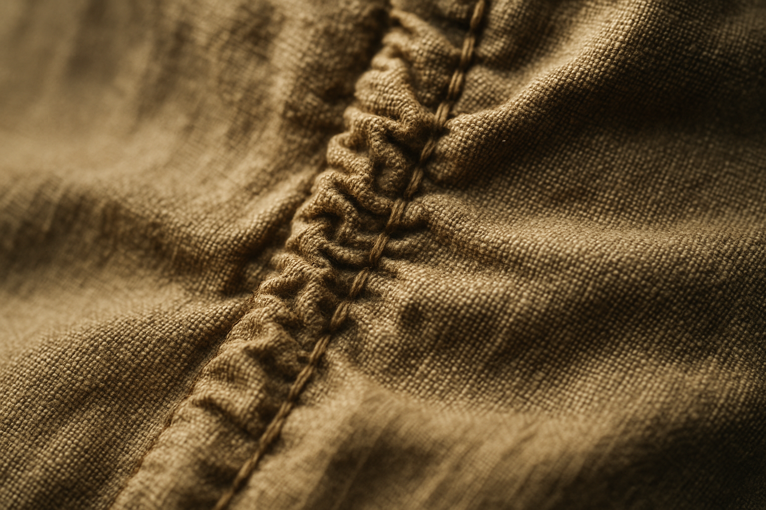 Macro shot of a puckered seam on vintage fabric, illustrating how to grade fabric puckering on vintage clothing