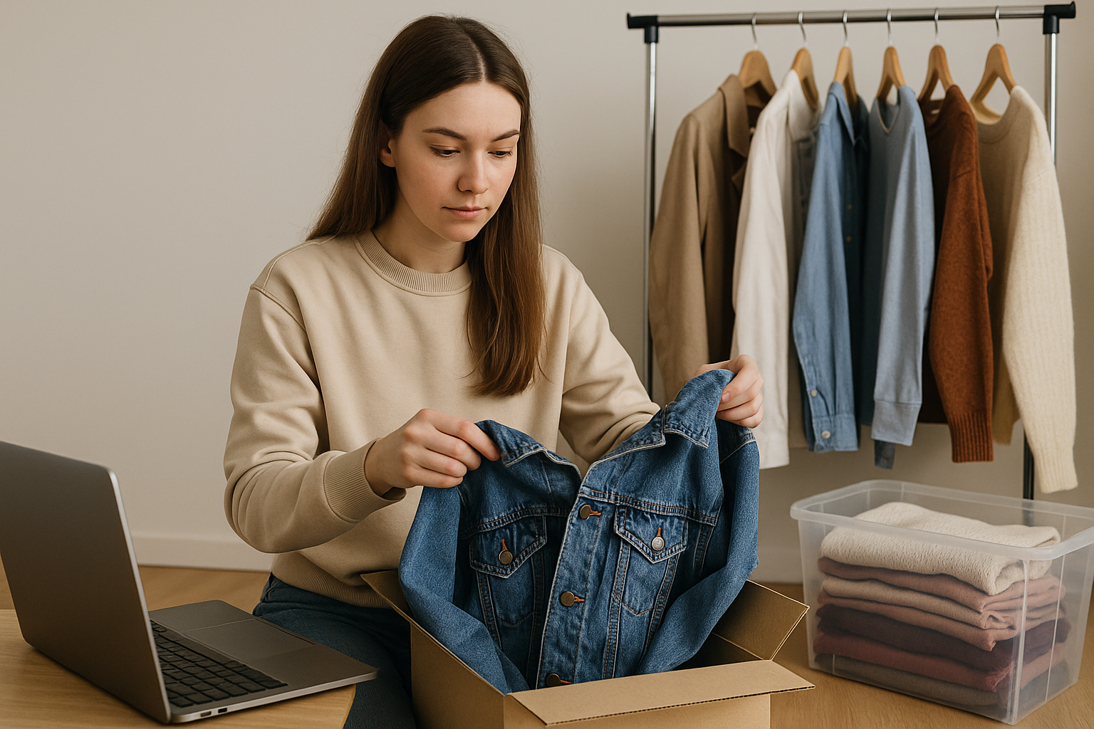Person sorting folded clothes and grading tags at a table, illustrating how to start reselling clothes