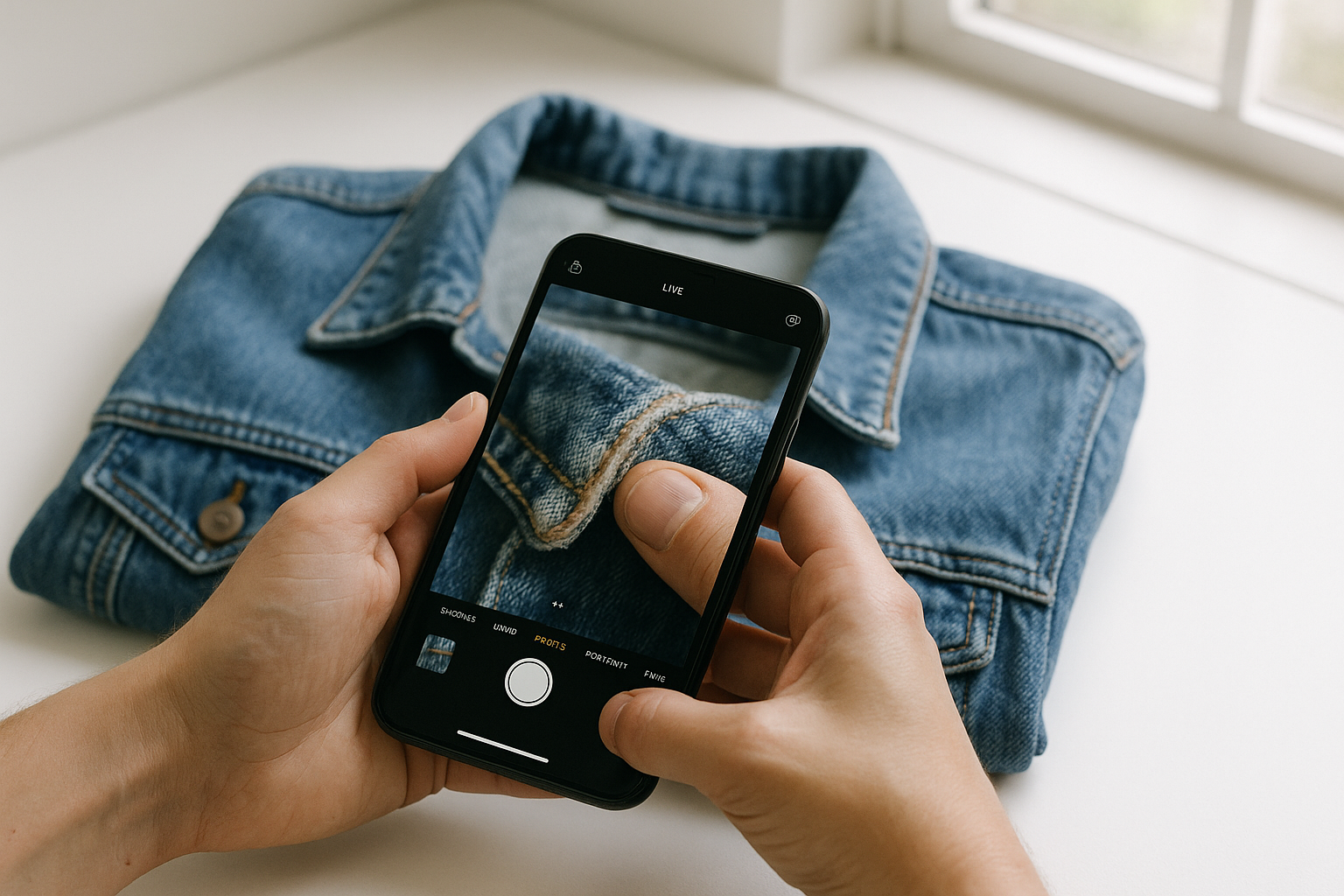 Reseller using a smartphone to photograph clothing defects for grading, capturing collar wear on a denim jacket in natural