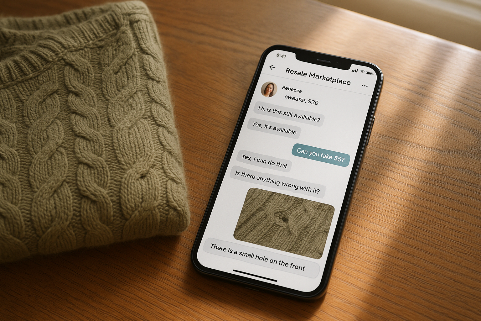 Smartphone showing a partial refund Mercari chat beside a folded sweater with a small visible defect on a wooden desk