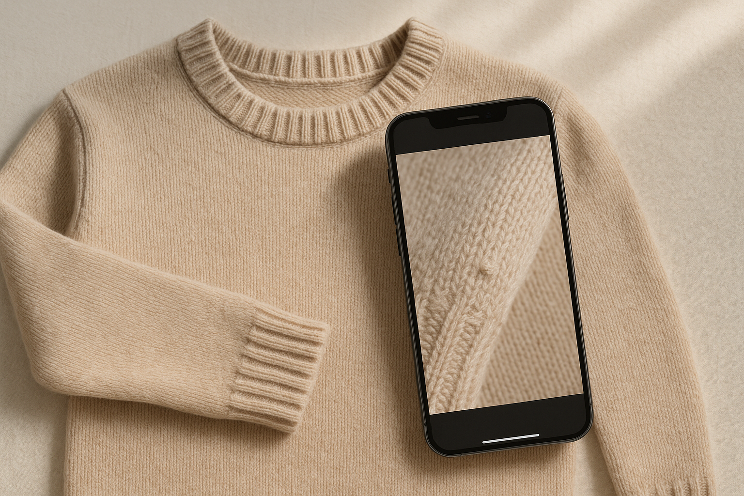 Smartphone photographing a sweater's cuff pilling, illustrating ebay condition grading photos title alignment