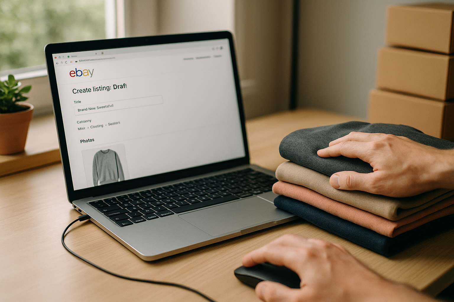Reseller comparing eBay store inventory vs auction format profit at a desk with laptop and folded clothing stack