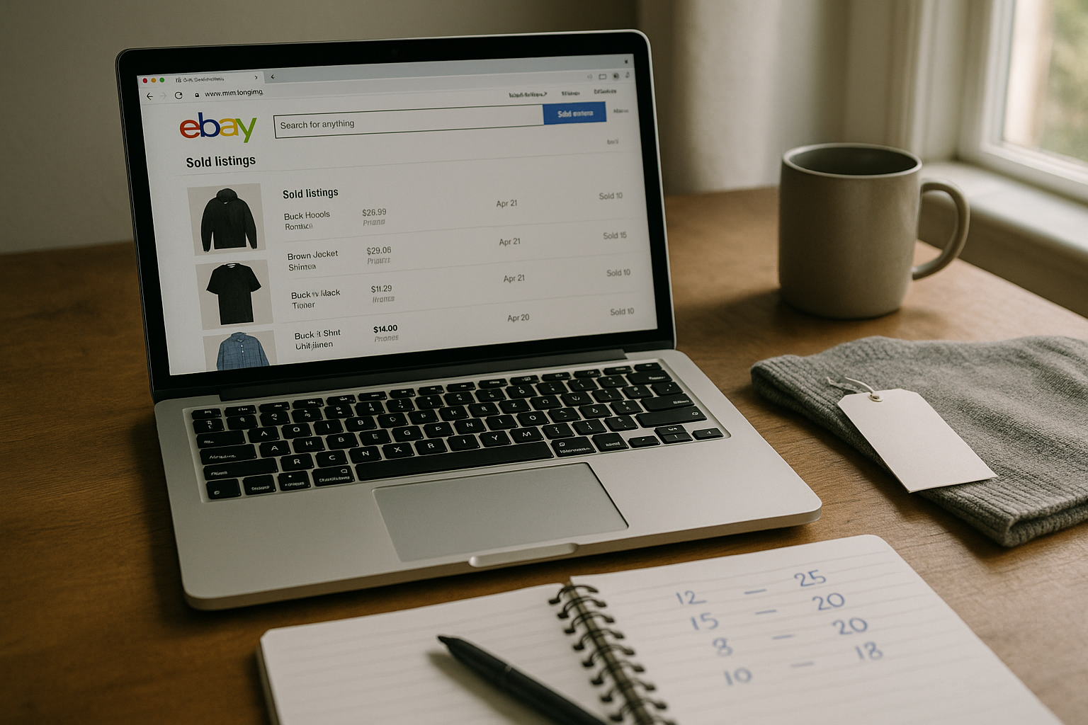 Reseller's desk showing how to price clothing resale comps research with eBay sold listings, a tag, and handwritten notes