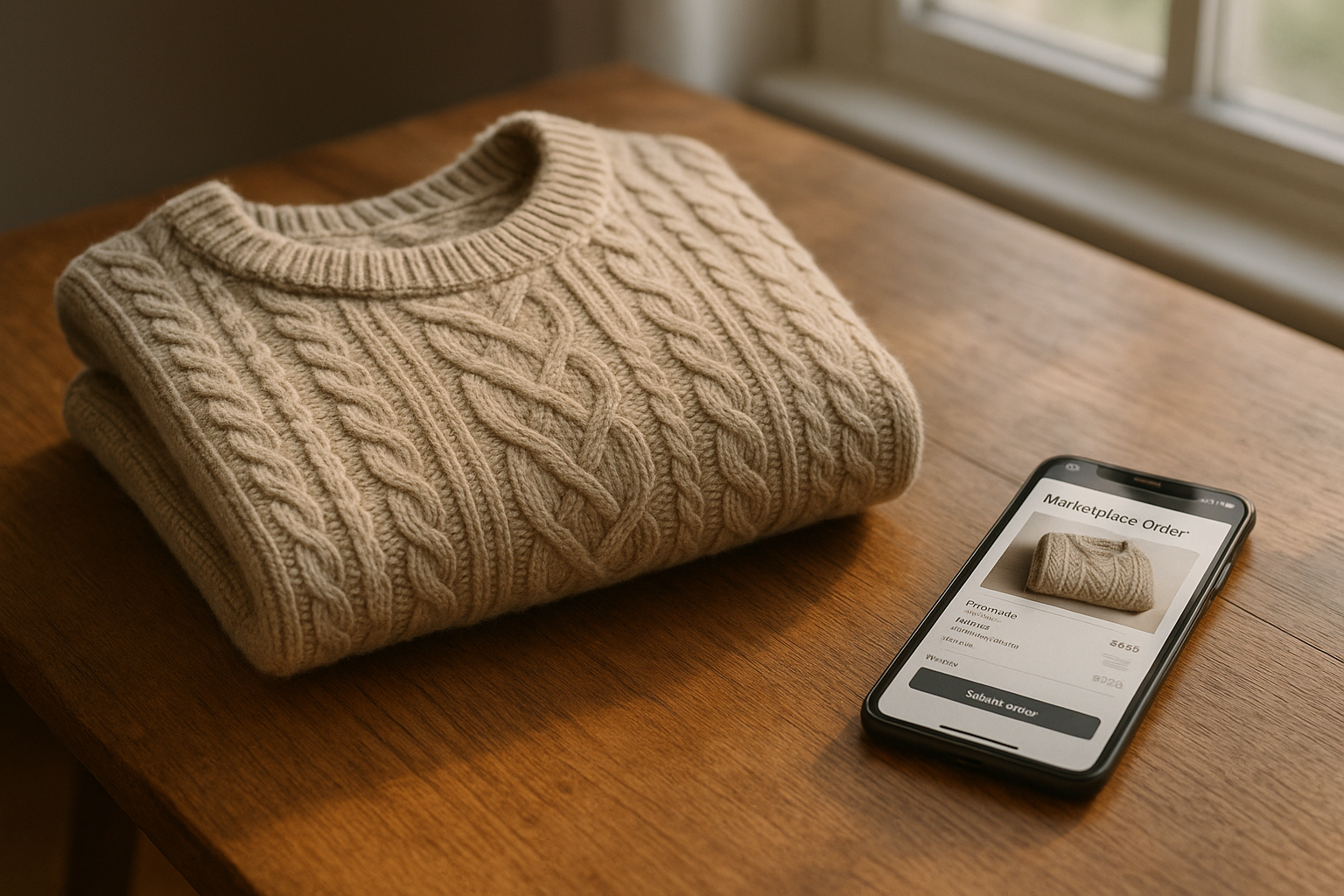 Folded sweater beside a smartphone order screen, illustrating whether Mercari offers partial refunds