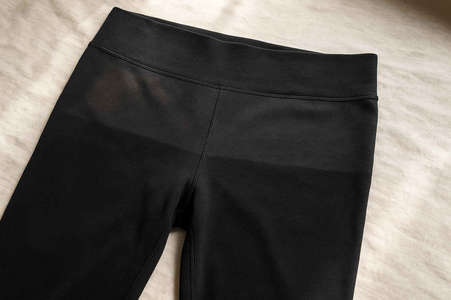 Black leggings flat in natural light showing faded seat and waistband, illustrating how to grade faded spandex blend
