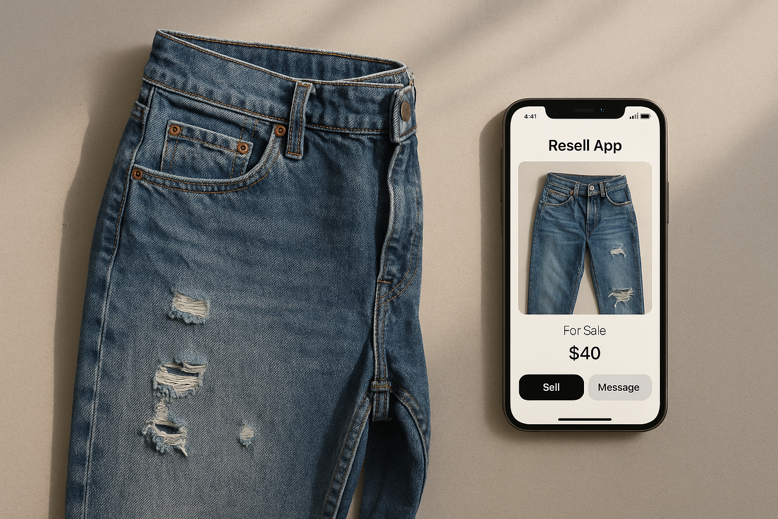 Worn denim jeans beside a smartphone resale app, illustrating the Depop vs Poshmark comparison for sellers