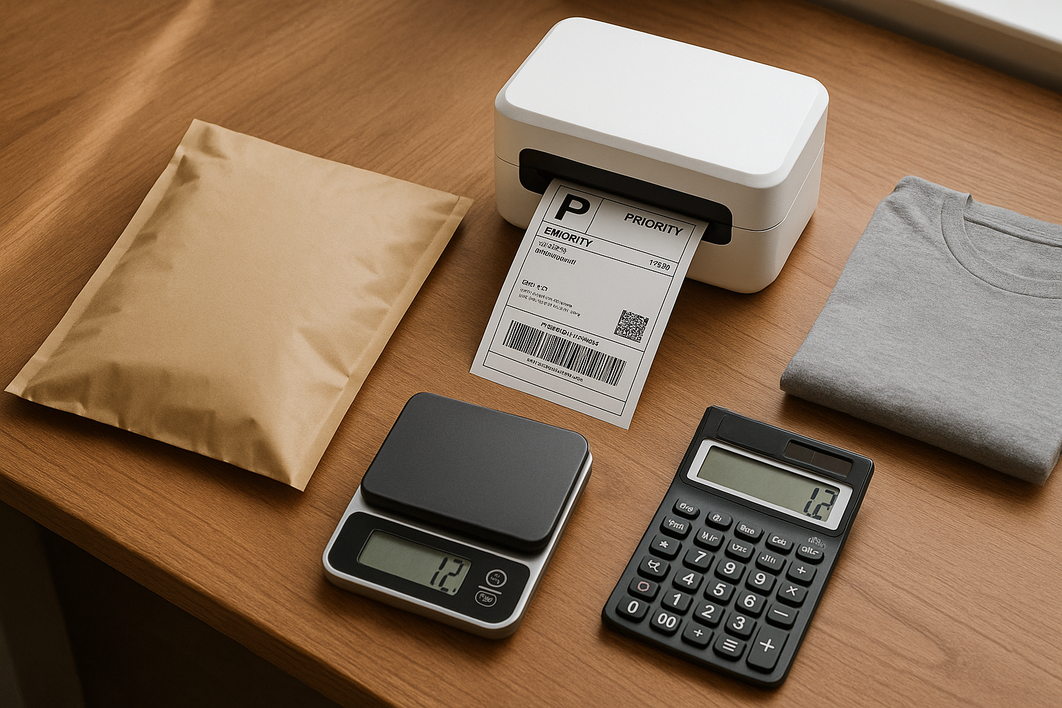 Flat-lay shipping station with mailer, label printer, postal scale, folded clothing, and calculator to calculate shipping