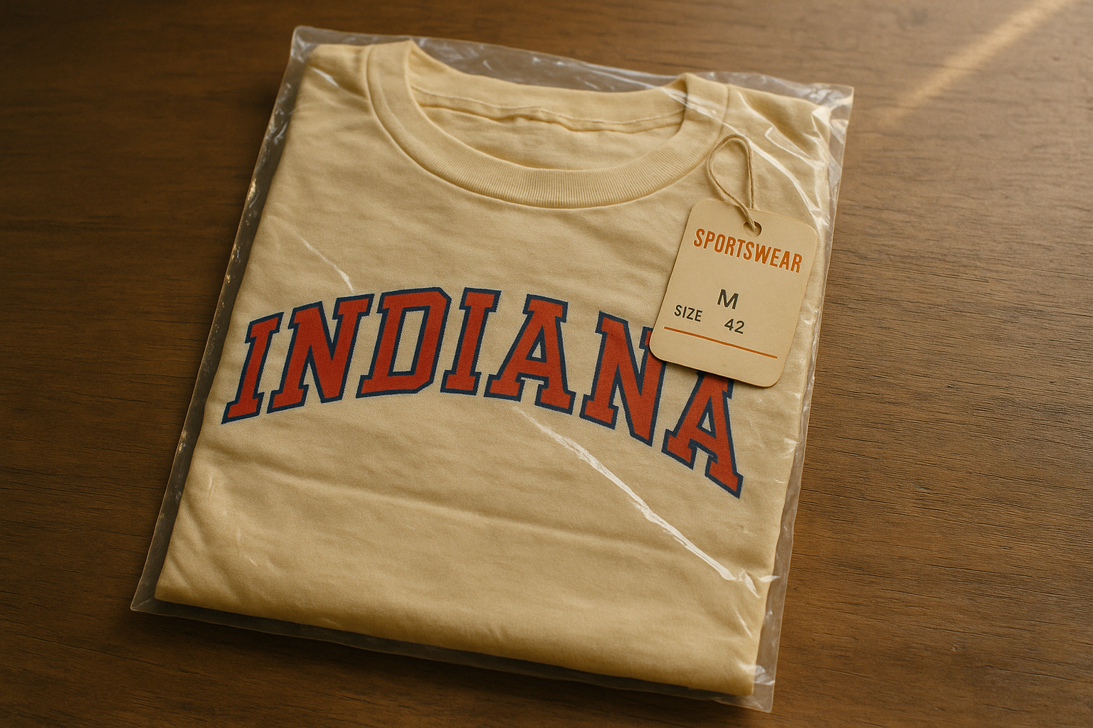 Folded vintage t-shirt sealed in yellowed plastic with hangtag, illustrating what NWOT means in vintage clothing resale