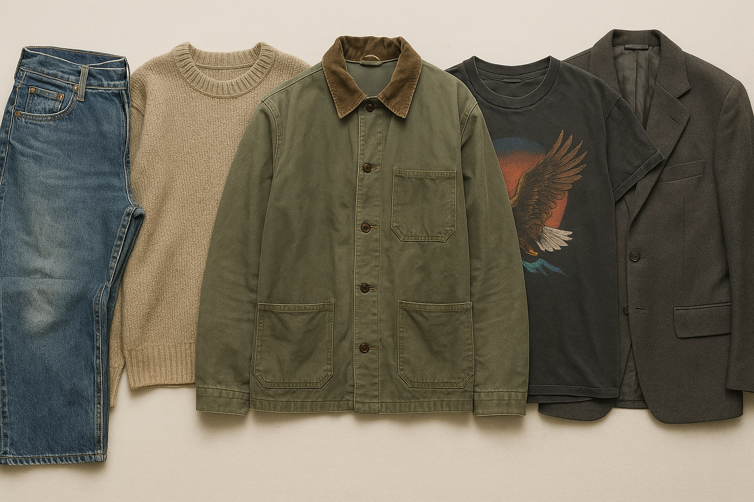 Flat-lay of five secondhand garments showing what good condition means for used clothing resale: jeans, sweater, jacket,