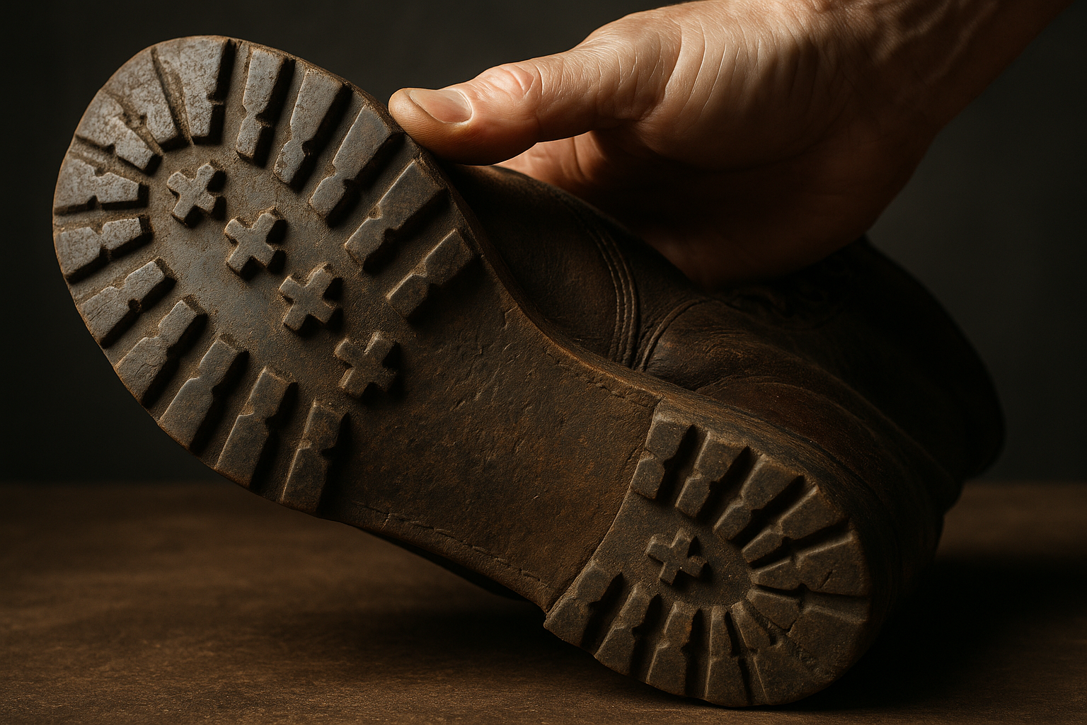 Hand flexing a vintage leather boot sole to check tread wear and separation, illustrating how to grade vintage shoe sole
