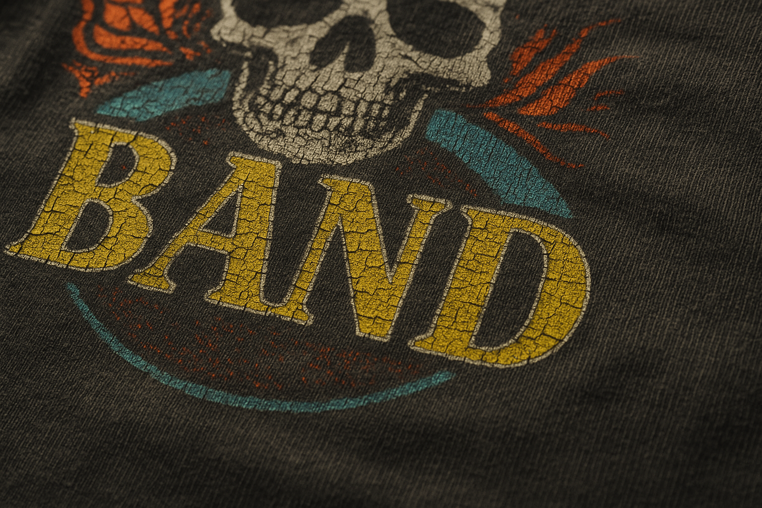 Close-up of a vintage band t-shirt print showing fine cracking and ink flaking, illustrating how to grade vintage band t