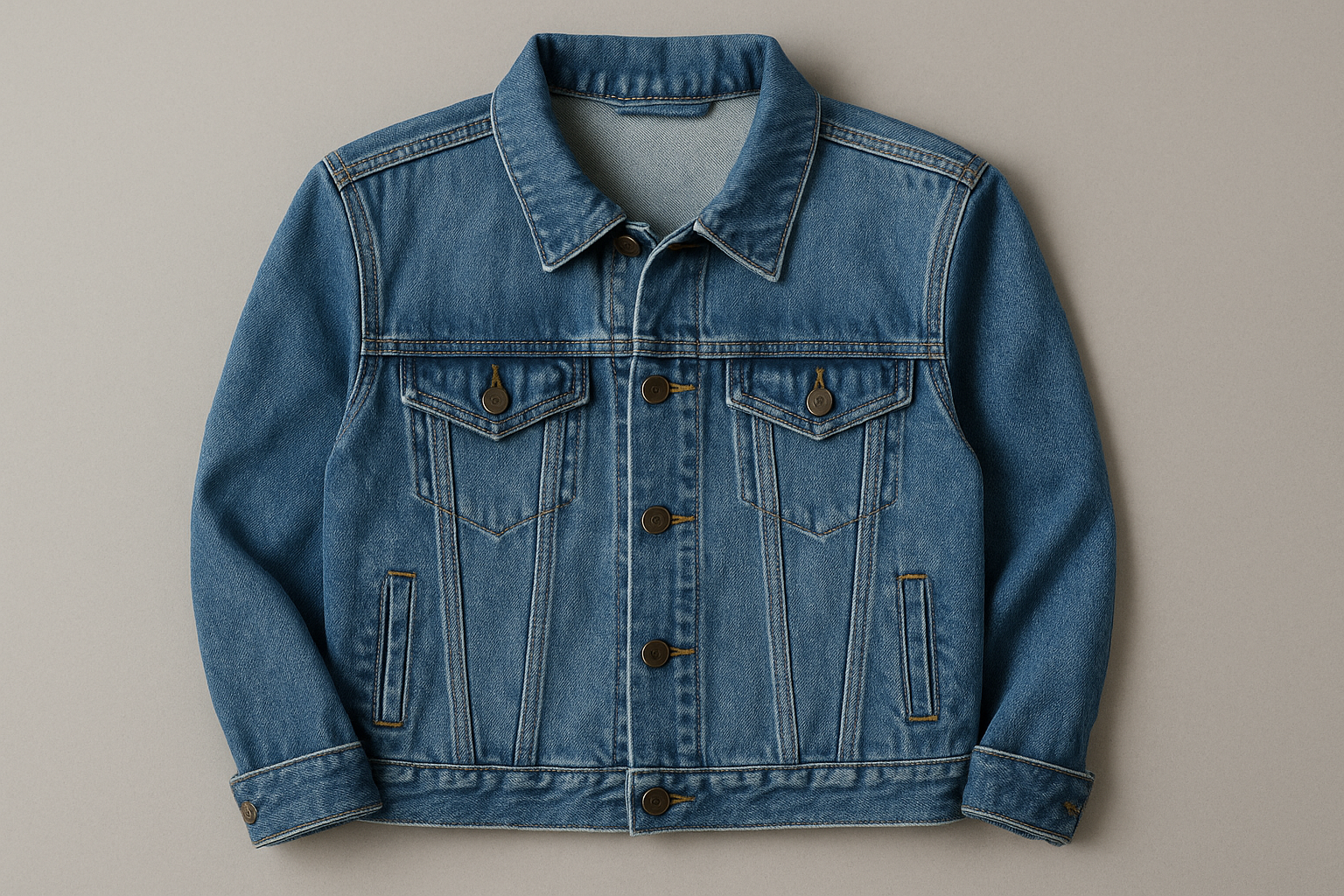 Overhead flat-lay of a folded denim jacket on gray background, illustrating how to photograph clothes to sell