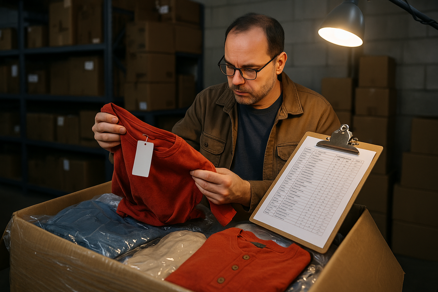Reseller checking tags and stitching on a wholesale pallet against a manifest, a key step to avoid scams sourcing resale
