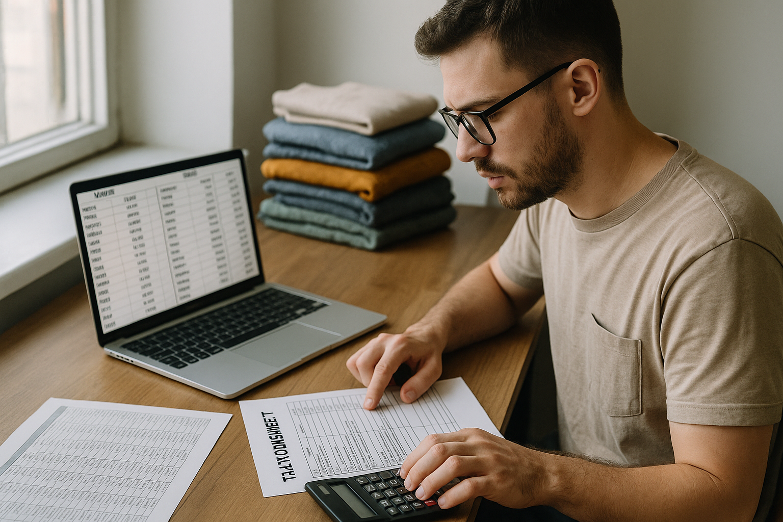 Reseller calculating how much quarterly estimated taxes clothing resellers owe using a worksheet, calculator, and laptop
