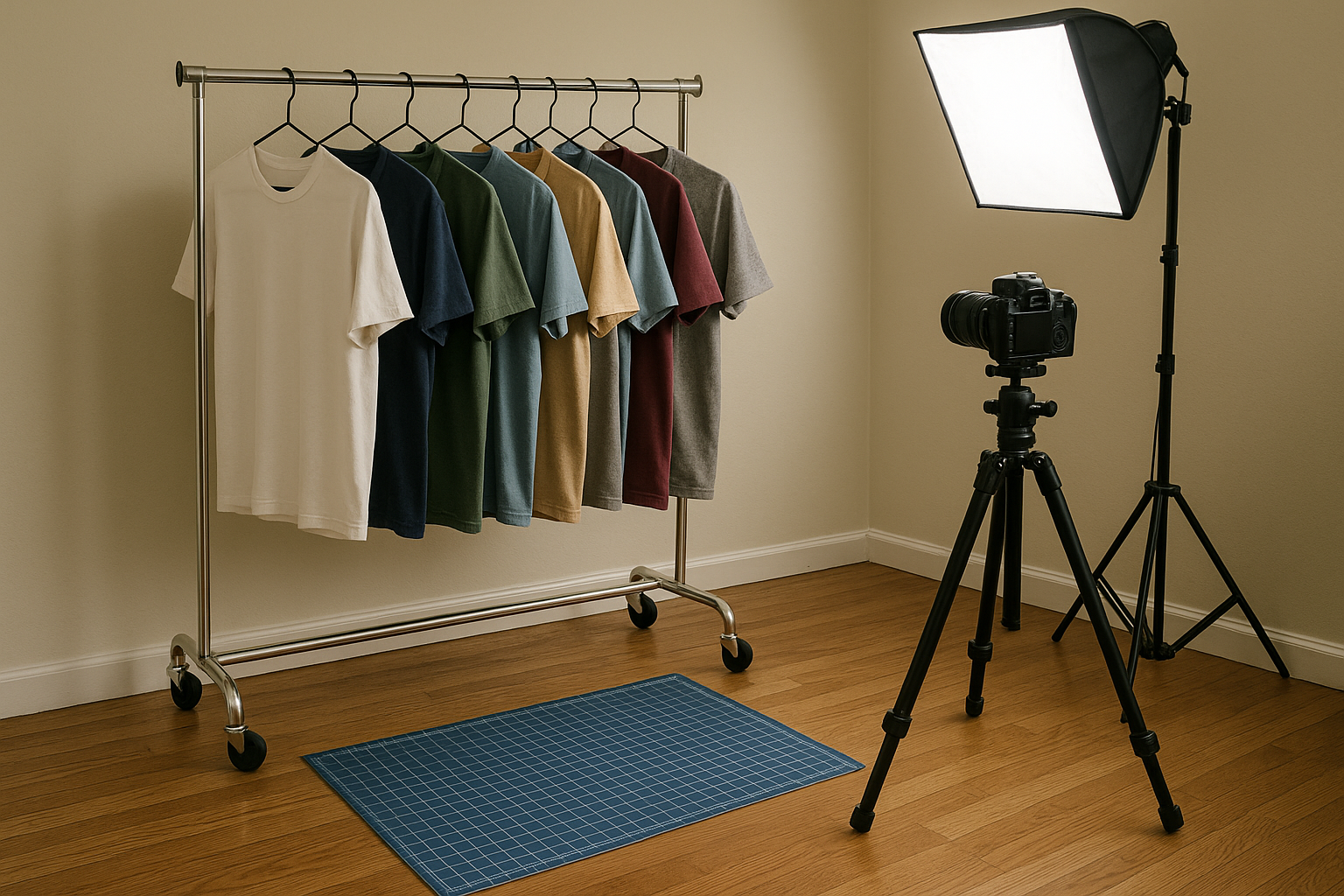 Reseller's home studio with garment rack, softbox light, and tripod camera set up to calculate cost per listing for clothing