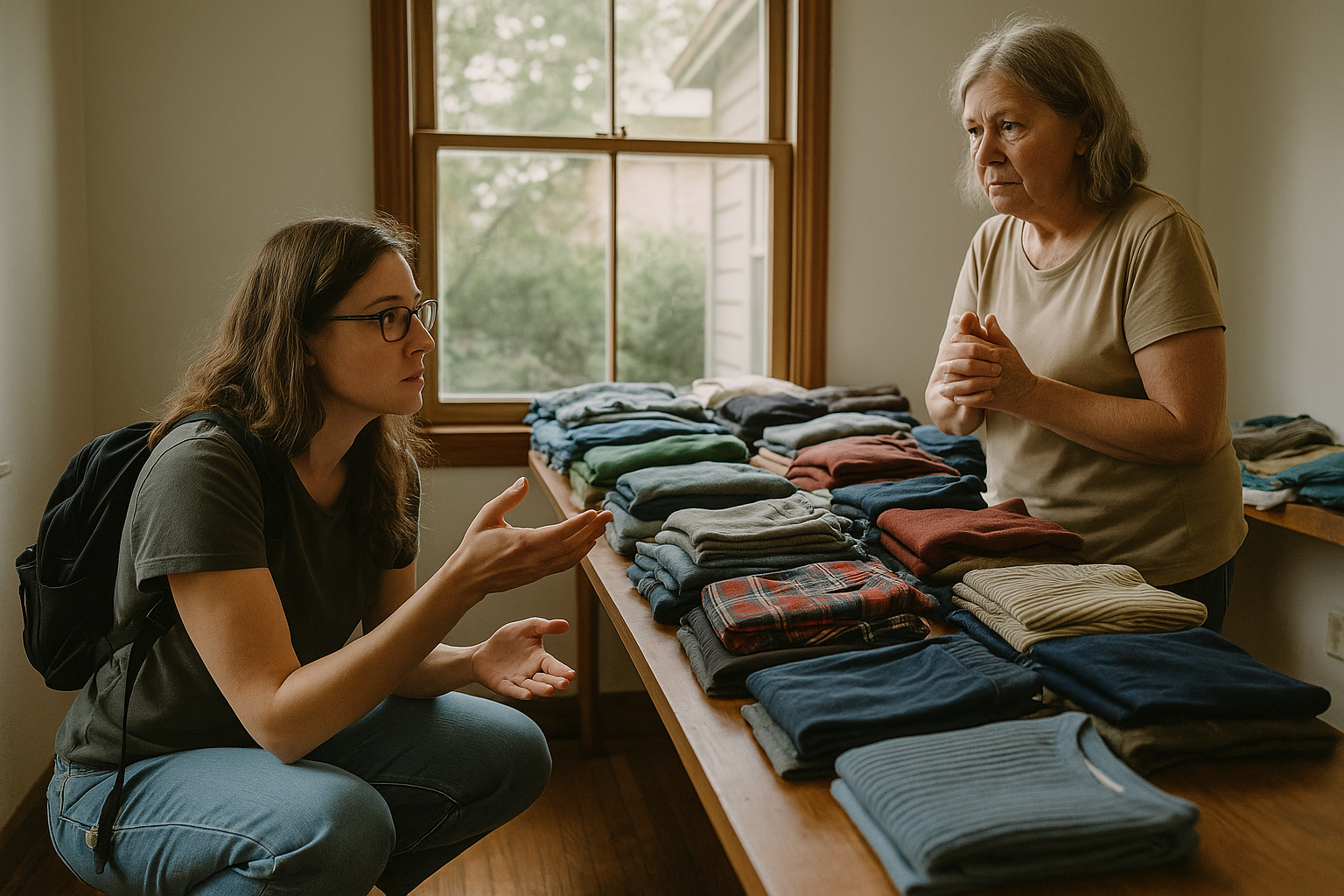 Reseller crouched at estate sale table negotiating prices while sourcing resale clothing in natural window light