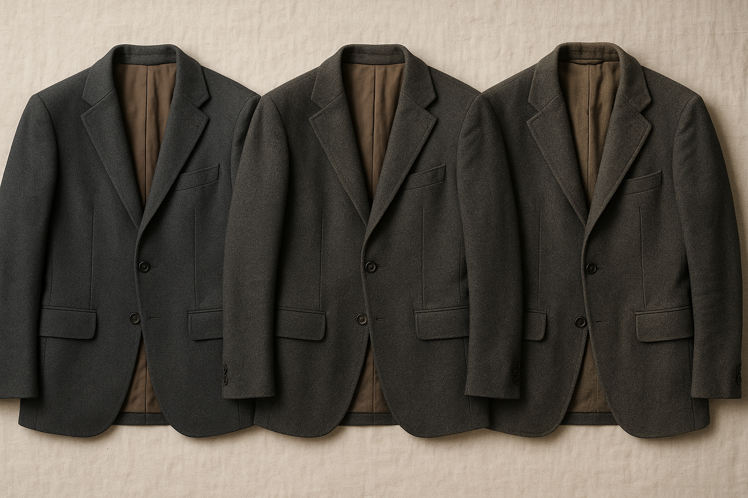 Three wool sport coats side by side showing mint, lightly worn, and faded condition to illustrate used clothing resale value
