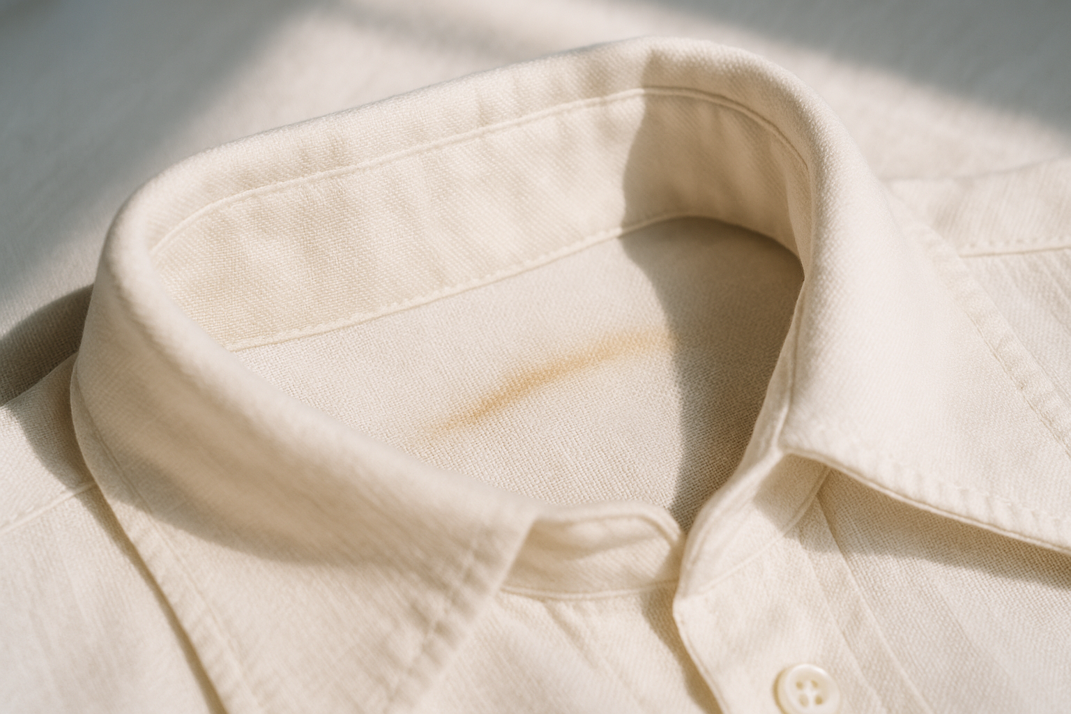 Close-up of a vintage white shirt collar's yellow-brown oxidation ring, illustrating how to grade collar oxidation