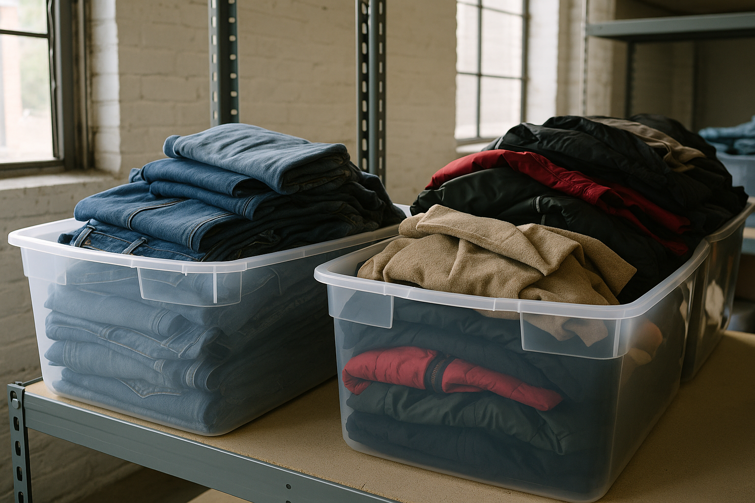 Warehouse shelf with sourcing bins sorted by category—denim, outerwear—illustrating how to choose clothing categories to