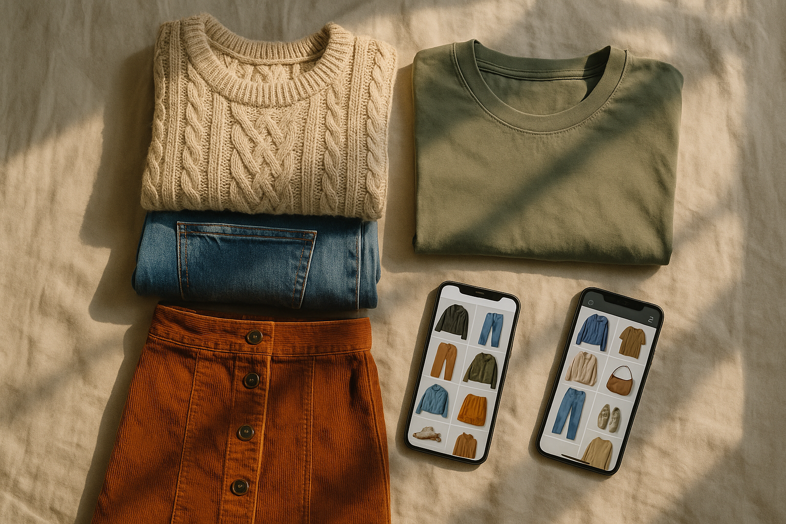 Flatlay comparing Vinted vs Mercari apps on smartphones beside folded secondhand clothing in natural light