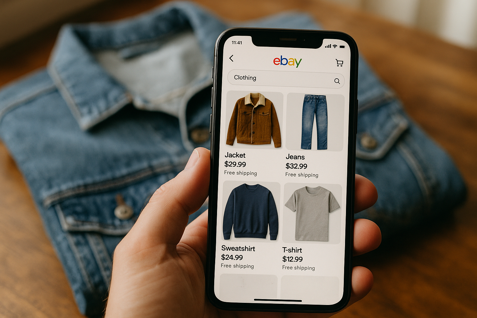 Smartphone showing eBay clothing search results above a folded denim jacket, illustrating how long eBay clothing titles
