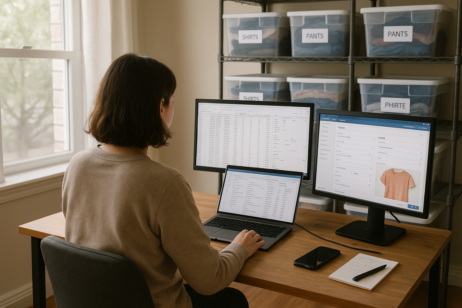 Reseller at a home desk comparing spreadsheet and listing software, weighing when resellers use automation tools amid bins