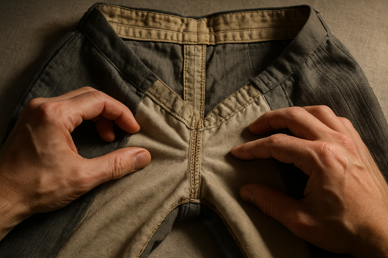 Hands spreading the inside-out crotch seam of vintage dress pants under raking light to grade hidden seam stress