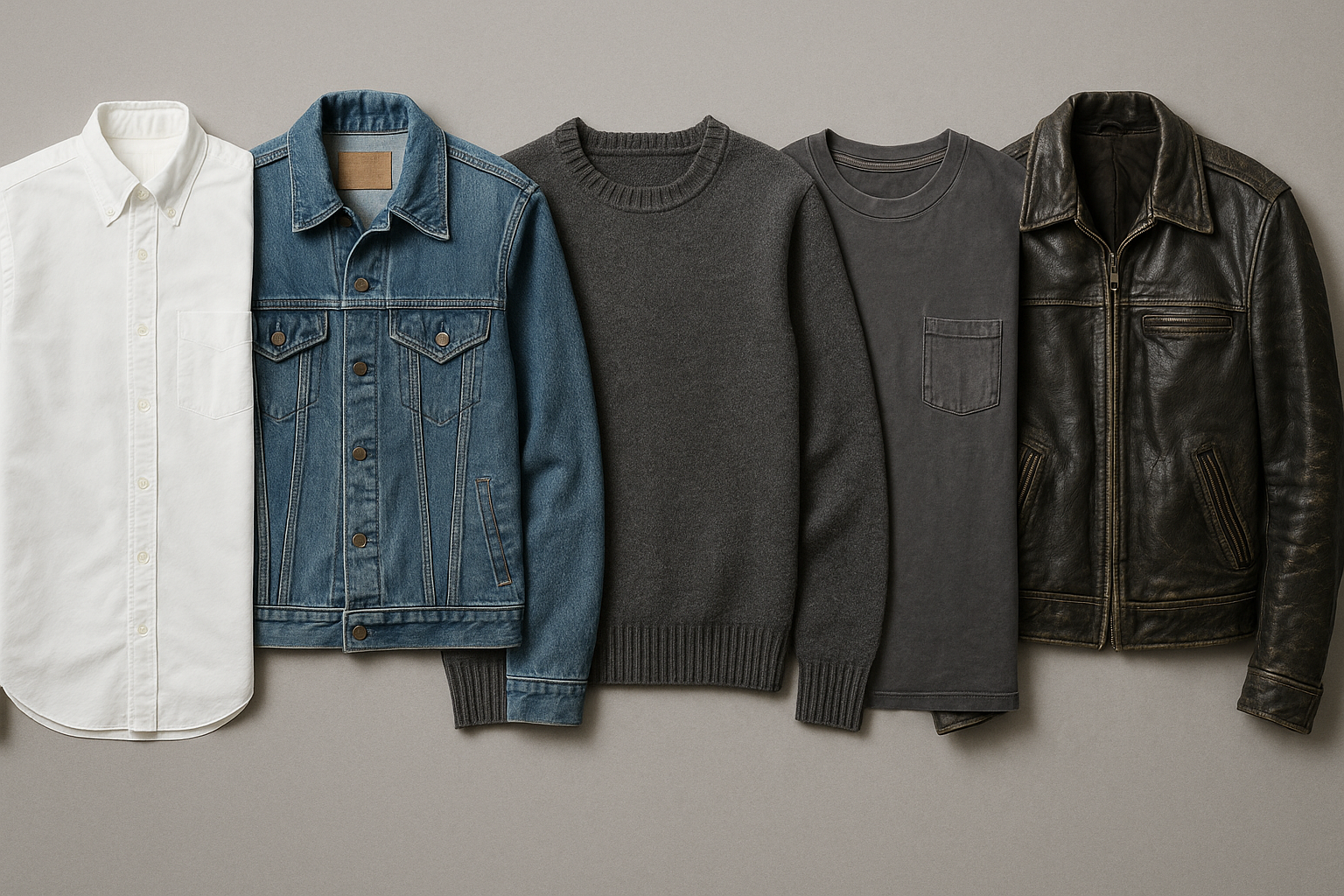Five pre-owned garments showing progressive wear, illustrating the clothing condition grading scale from pristine to heavily