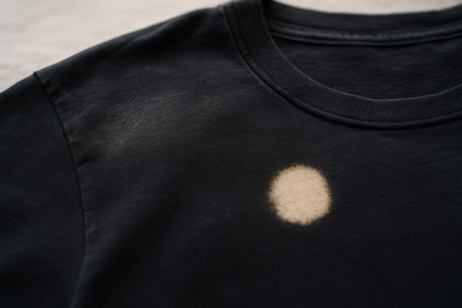 Black t-shirt showing sun-faded shoulder next to a sharp bleach spot, illustrating how to grade sun fading on vintage