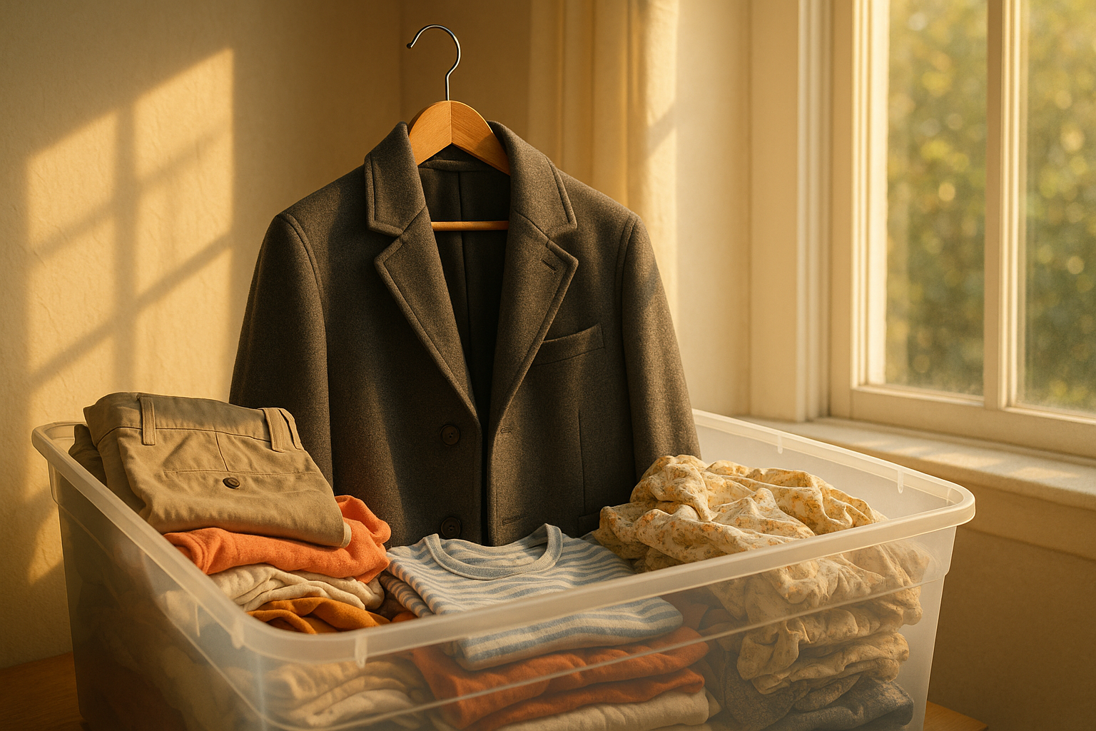 Wool winter coat stored in a bin among summer clothes, illustrating seasonal clothing pricing strategy for off season