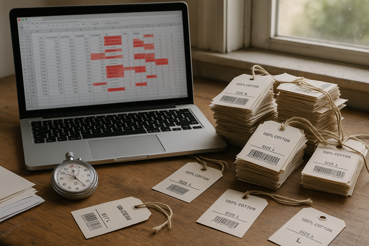 Cluttered desk with error-filled spreadsheet, stopwatch, and clothing tags illustrating spreadsheet cost per item tracking