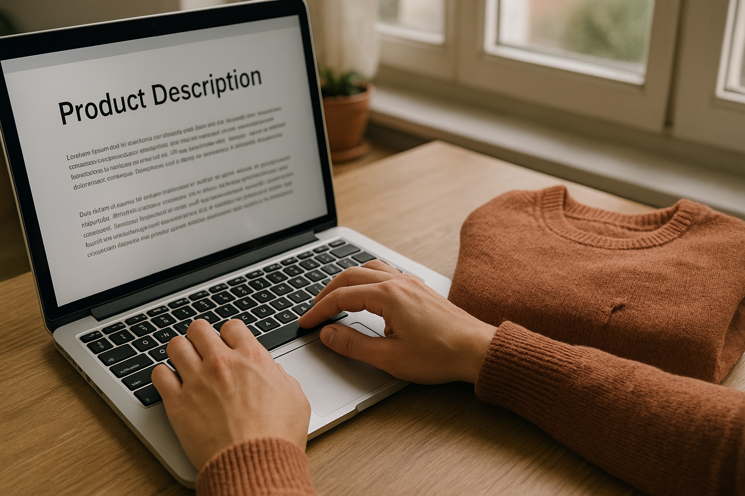 Person typing to write eBay clothing description reduce returns, beside a folded sweater showing a small seam flaw