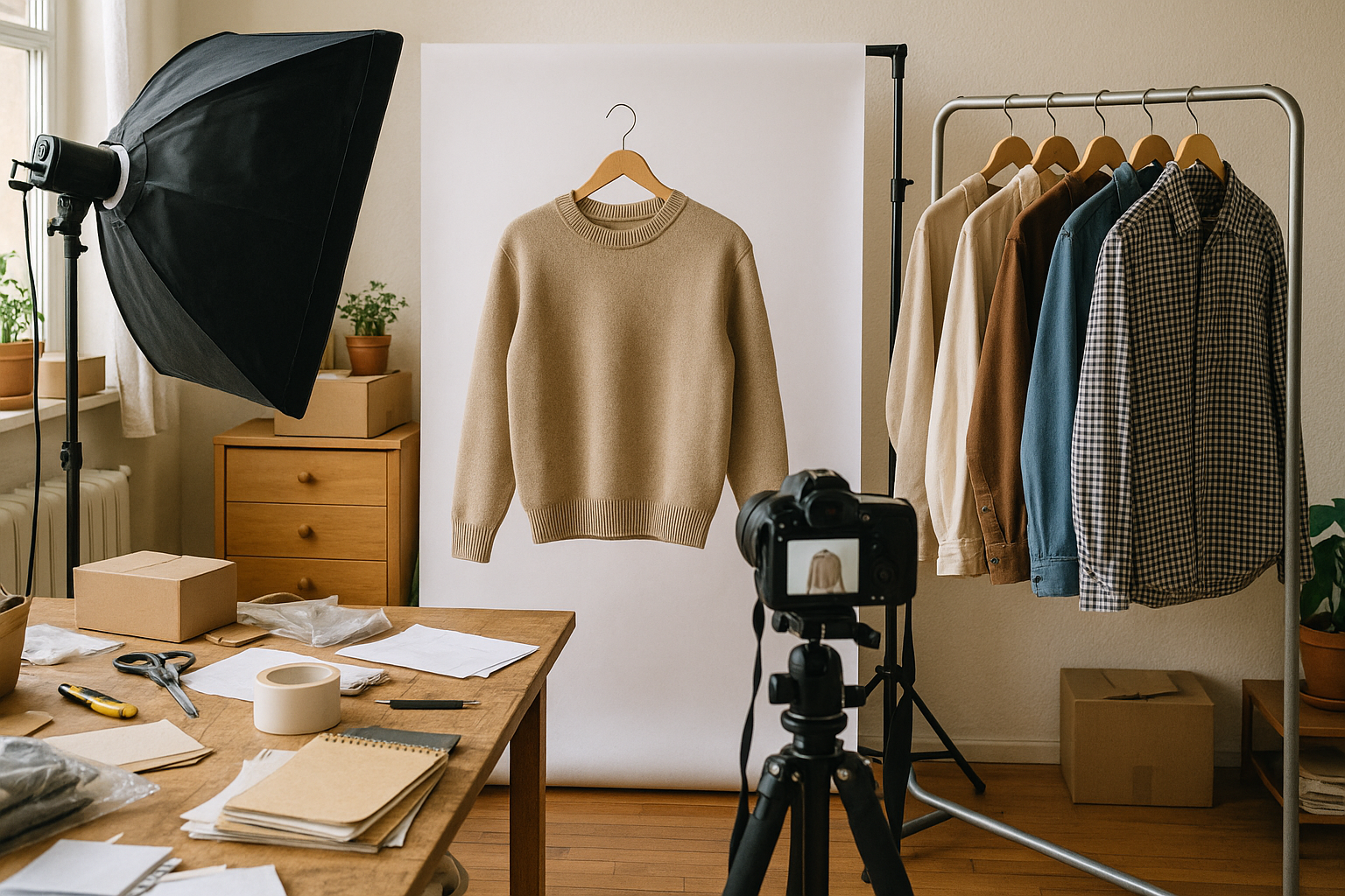 Home photography station with clothing rack, softbox lighting, and tripod camera set up for batch photography multiple items