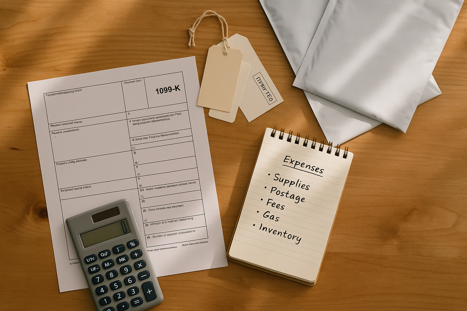 Flat lay of a 1099-K form, calculator, thrifted tags, and poly mailers illustrating reseller tax deductions for eBay sellers