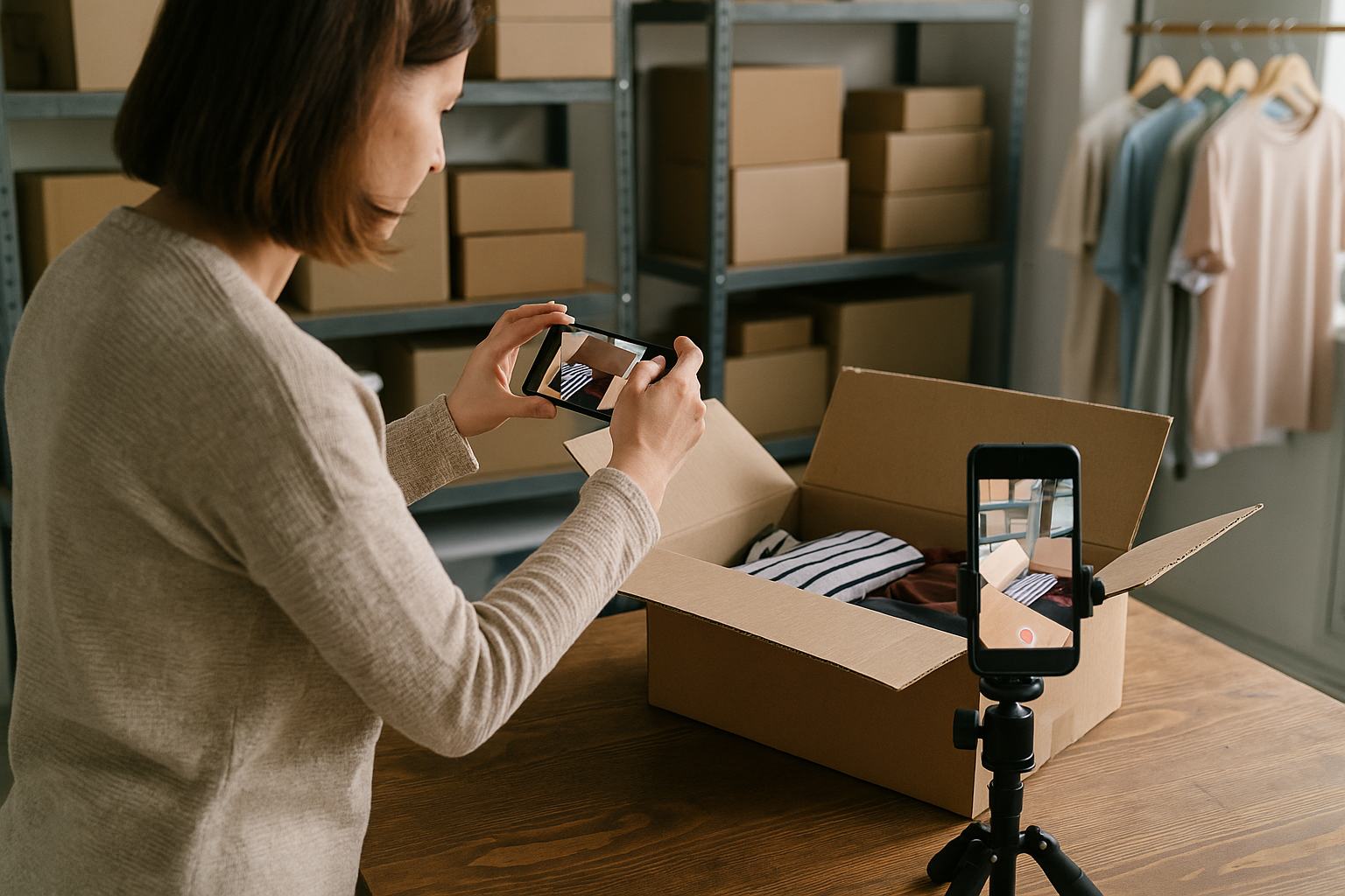 Reseller films an unboxing video on a tripod while documenting a Mercari partial item return in a home warehouse