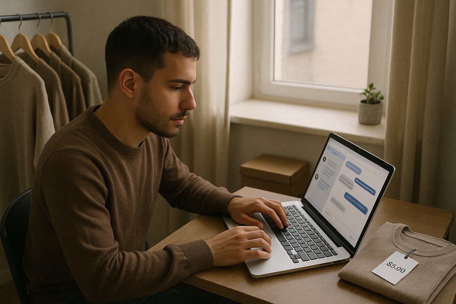 Reseller calmly replying to a buyer message, illustrating how to handle difficult buyers reselling at a sunlit desk
