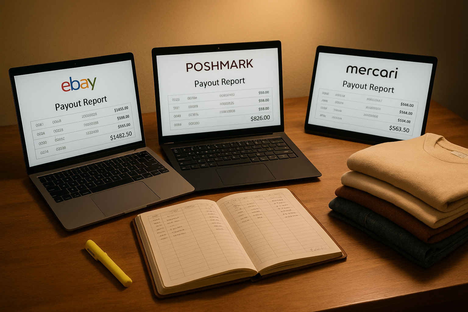 Desk showing how to reconcile payout multiple platforms reseller with eBay, Poshmark, and Mercari reports, ledger, and