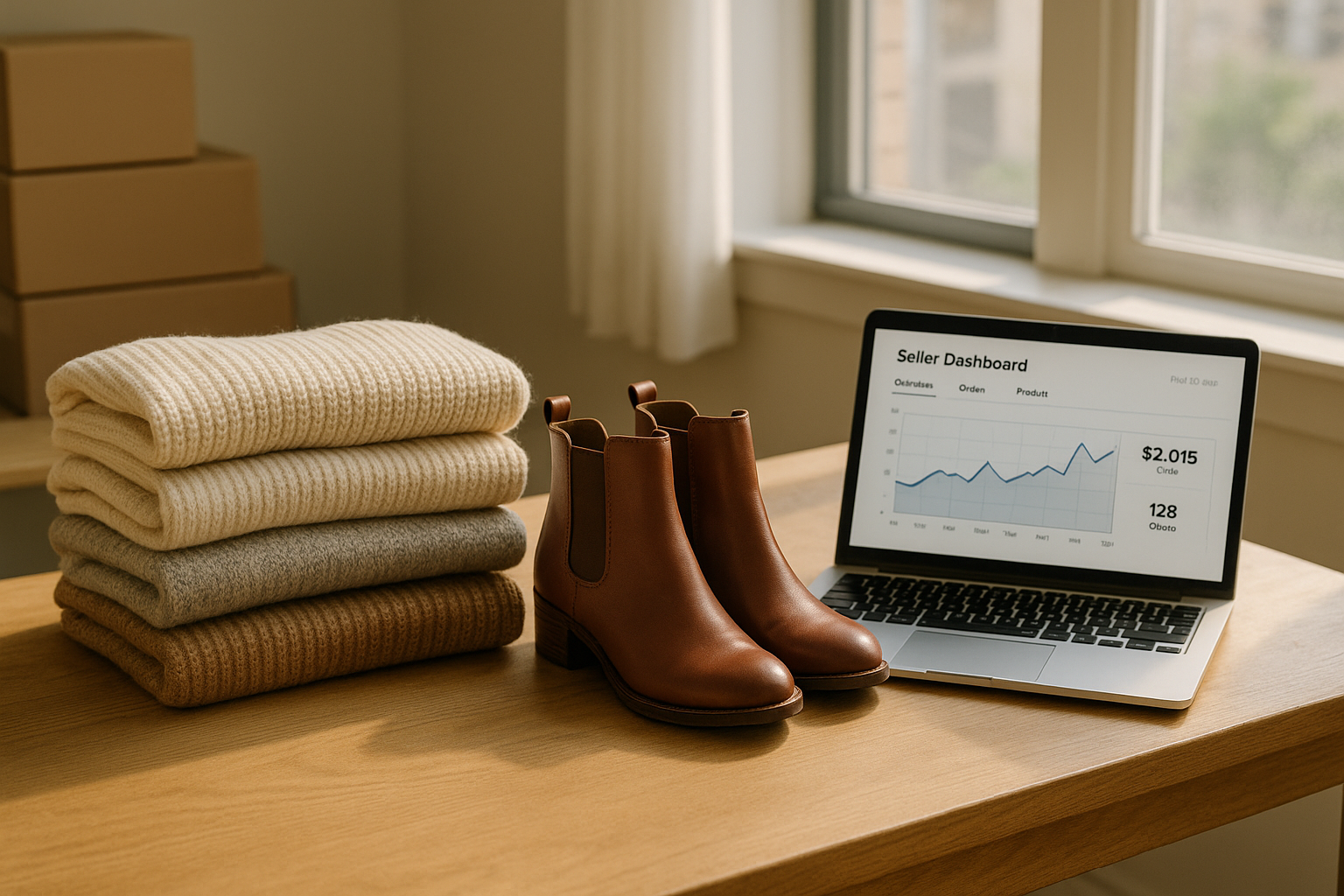 Reseller's table with folded sweaters and leather boots beside a laptop dashboard, testing a new clothing category on eBay