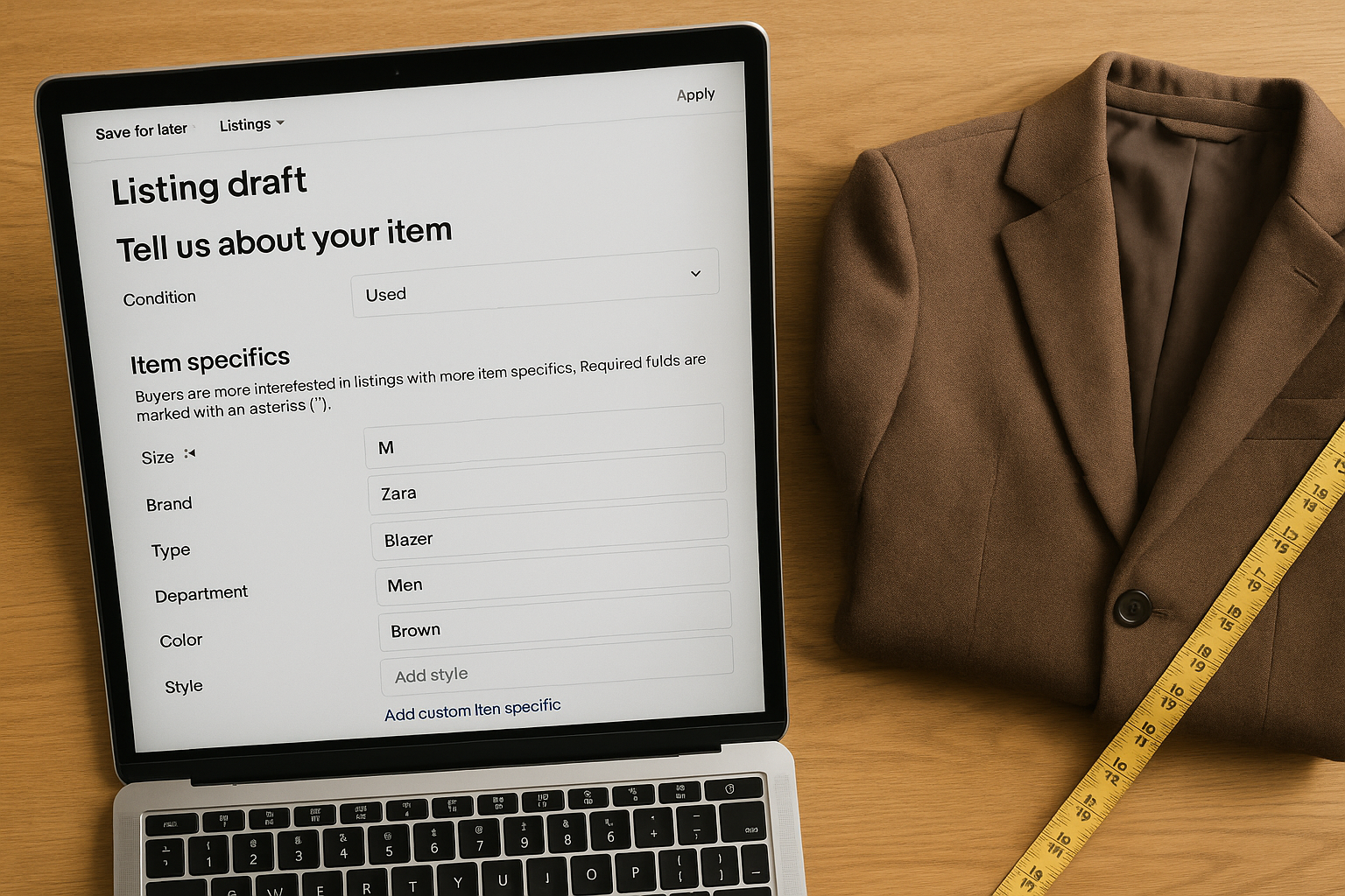 Overhead view of a laptop showing eBay item specifics fields for category match accuracy beside a folded blazer and tape