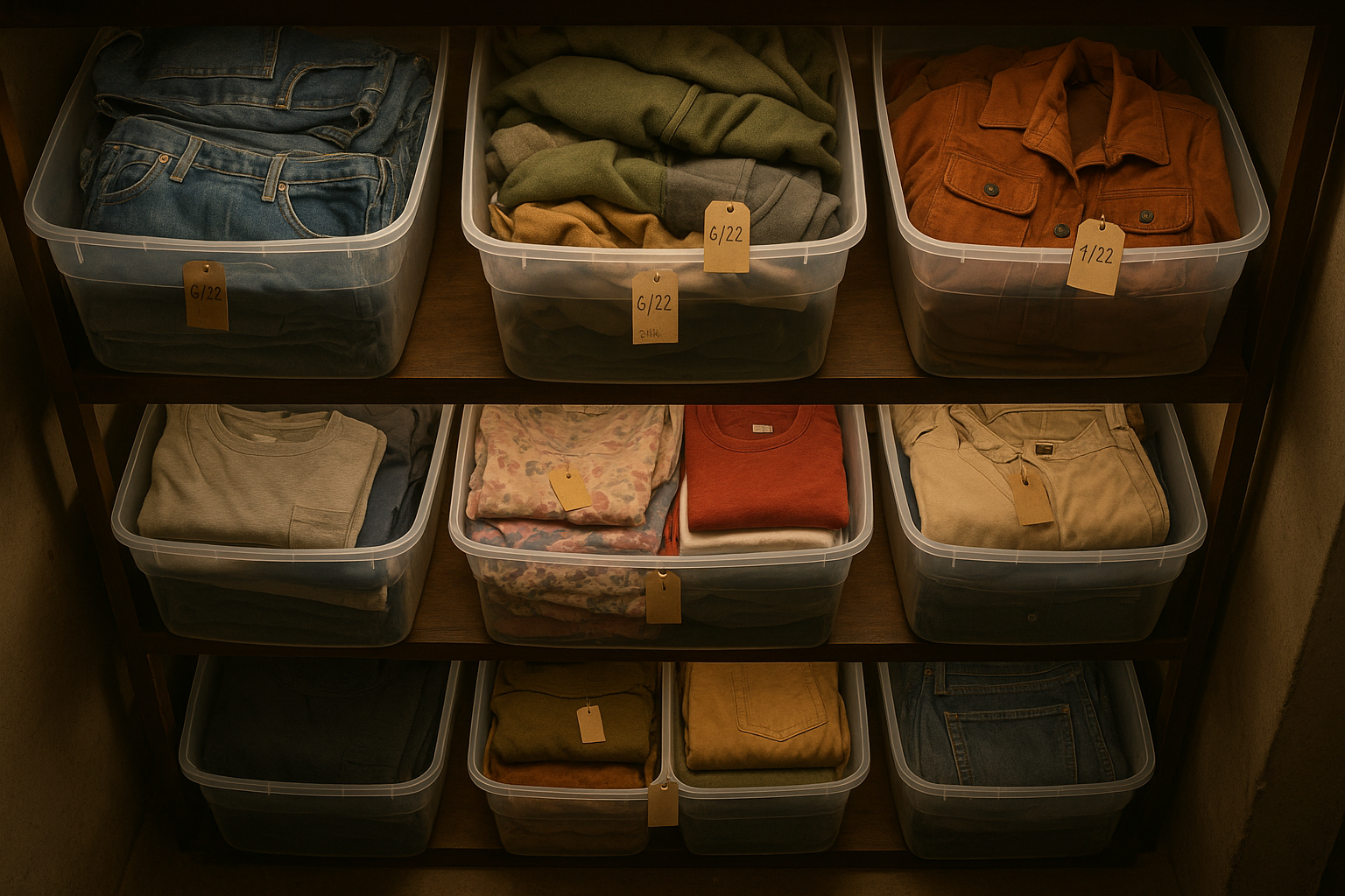 Overhead view of labeled clothing bins with aging tags, illustrating how to calculate inventory turnover rate for reseller