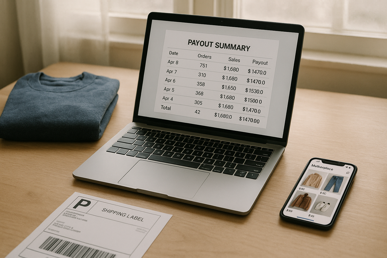 Reseller's desk with laptop payout summary, phone marketplace app, folded garment, and shipping label for partial refund