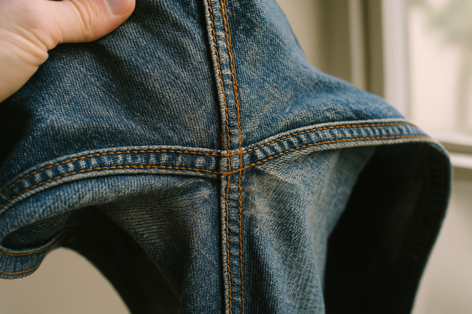 Inside-out crotch seam of vintage jeans in window light, illustrating how to grade crotch blowout vintage jeans condition