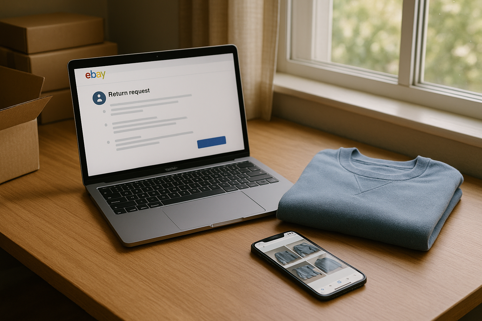 Reseller's desk with laptop showing an eBay return request, folded garment, and phone photos for interpreting return reason