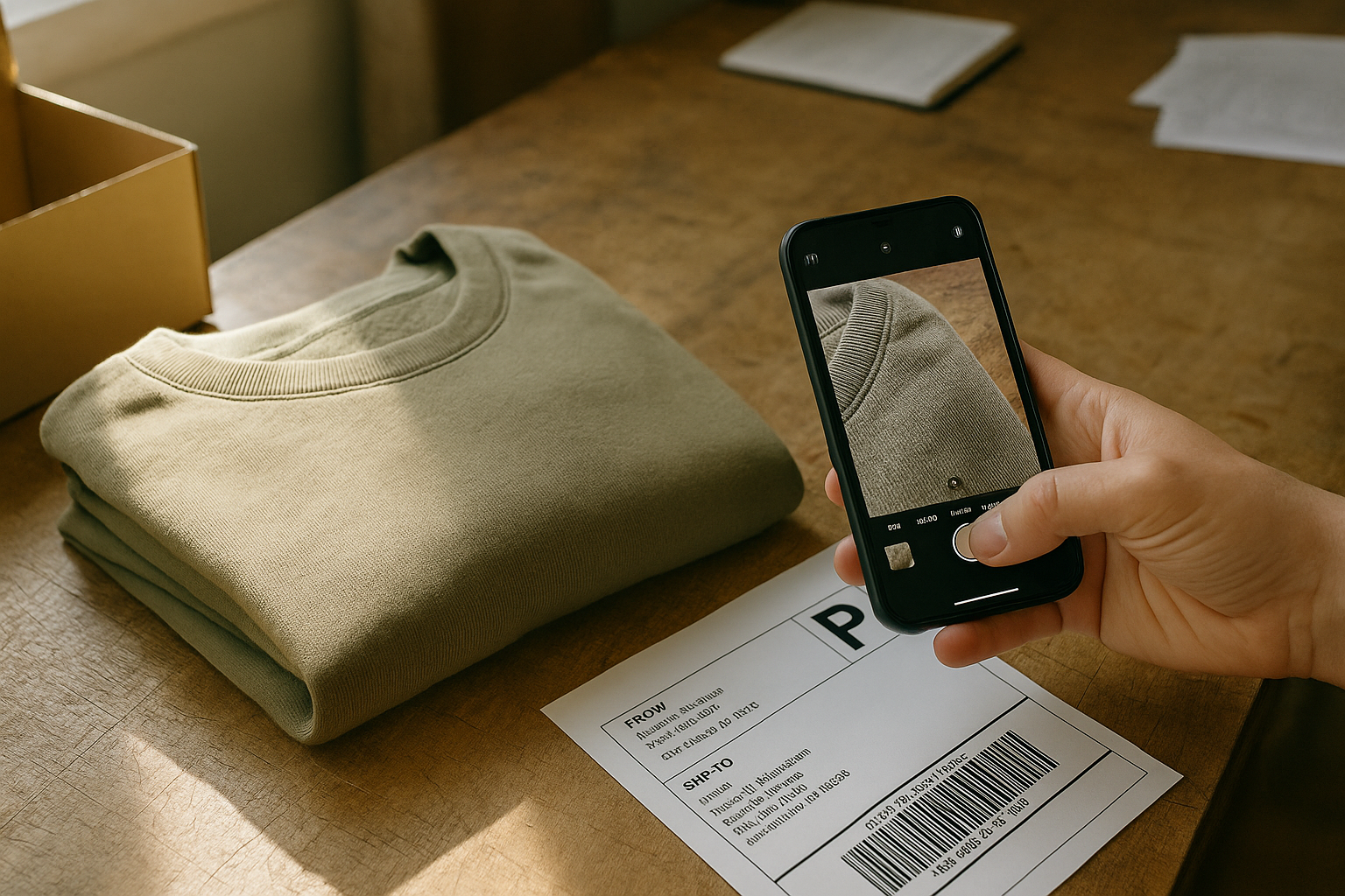 Reseller documenting a folded garment's fabric with a smartphone, building an eBay item not as described return defense