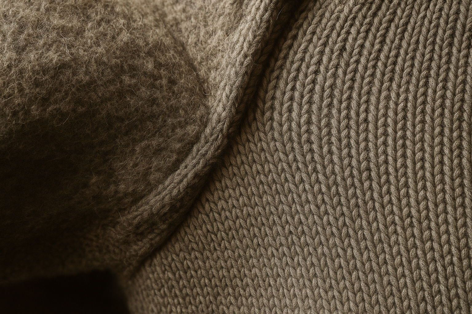 Macro view of a vintage sweater's underarm seam showing matted felted wool beside normal knit, illustrating how to grade fel